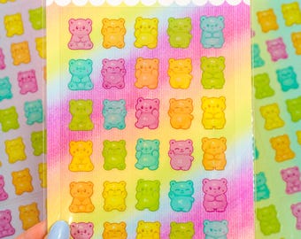 Clear Rainbow Gummy Bear Sticker Sheet – Colourful Kawaii Deco Stickers for Journals, Planners, Scrapbooks, Water bottles etc, Hand Drawn!