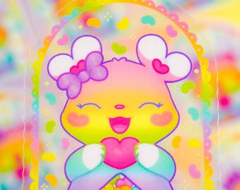 Cute Animal Clear Sticker ~ Kawaii Character Rainbow Hearts Stationery – Colorful Original Art Vinyl Decal for Laptops, Water Bottles etc