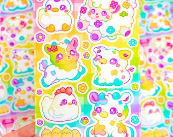 Rainbow Farm Animal Sticker Sheet ~ Kawaii Matte Cute Stickers ~ Sheep Goat Pig Chick Cow Duck Lover Gift ~ Bright Chibi Journal Stationery