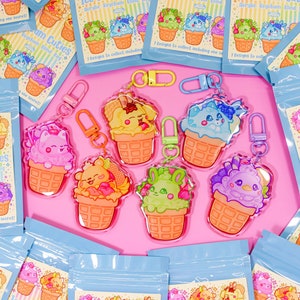 Acryl Schlüsselanhänger Blind Tasche ~ Süßer Regenbogen Eis Kegel Schlüsselanhänger ~ Kawaii Sammelbare Blind Box ~ Helle Farbe Katze Hund Ente Taschenanhänger Geschenk