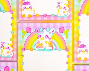 A6 Farm Animal Memo Pad ~ Kawaii Floral Gingham Rainbow Dot Grid Paper Notepad ~ Cute Duck Cow and Pig Whimsical Stationery Memo Paper Pad