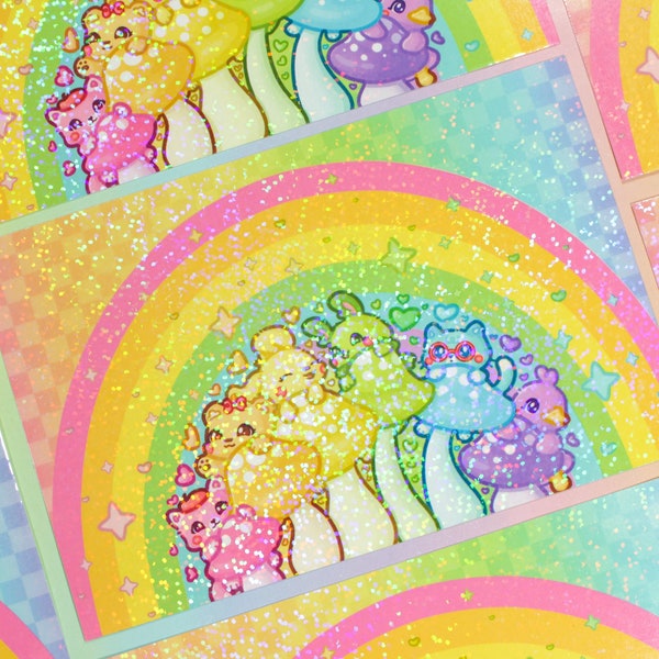 Rainbow Toadstool Art Print ~ Collector's Kawaii Animal Wall Decor ~ Sparkly Holo Finish Room Art ~ Cute Dog Cat Duck Bear Bunny 90s Vibe ~