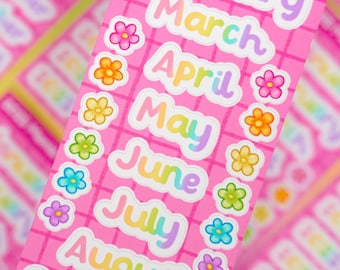 Pink Rainbow Yearly Sticker Sheet – Monthly Planner Stickers for Journaling & Getting Organised! Featuring the Month names and the year 2025