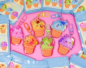 Acrylic Keychain Blind Bag ~ Cute Rainbow Ice Cream Cone Keyring ~ Kawaii Collectable Blind Box ~ Bright Colour Cat Dog Duck Bag Charm Gift