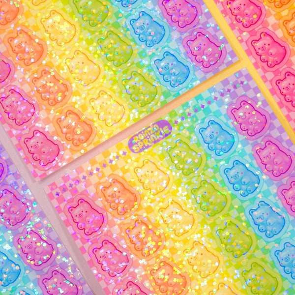 Rainbow Gummy Bears Sticker Sheet ~ Sparkly Holo Korean Polco Stationery ~ Kawaii Filler Shapes Stickers ~ Bright Cute 90s Style Lomo Deco