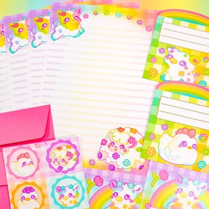 Kit de correspondência com animais da fazenda em formato de arco-íris ~ Conjunto de correspondência com animais fofos e felizes ~ Papelaria com estampa de flores xadrez com papel, adesivos e envelopes artesanais