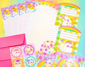 Rainbow Farm Animal Penpal Kit ~ Cute Animal Happy Mail Writing Set ~ Flower Gingham Stationery With Paper, Stickers and Handmade Envelopes