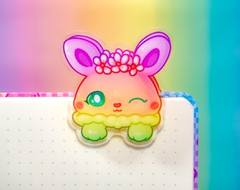 Bunny Acrylic Paper Clip ~ Cute Pastel Bunny Flower Binder Clip ~ Kawaii Floral Rabbit Handy Unusual Stationery ~ Hold your Journal Open!