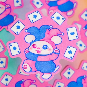 Pegatina holográfica con forma de perro Joker con purpurina ~ Bonita calcomanía de cachorro rosa y azul ~ Papelería en tonos pastel kawaii ~ Pegatina con temática de cartas de póquer hecha por un artista