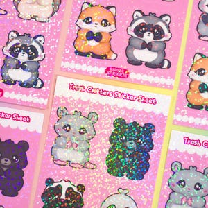 Trash Critters Holographic Sticker Sheet – Cute Raccoon, Possum, Skunk & Friends – Kawaii Animal Stickers with Sparkly Water Resistant Holo