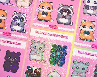 Trash Critters Holographic Sticker Sheet – Cute Raccoon, Possum, Skunk & Friends – Kawaii Animal Stickers with Sparkly Water Resistant Holo