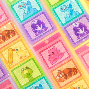 Feuille d'autocollants de timbres animaux en crayon de couleur ~ Papeterie arc-en-ciel Holo brillant mignon ~ Correspondant Kawaii Panda Ours Serpent Grenouille Canard Poulpe Animal Sticker