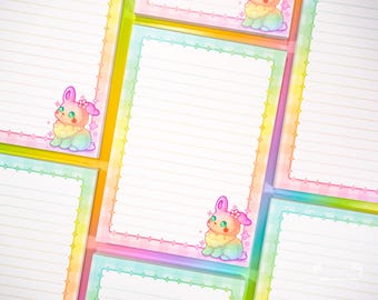 A6 Pastel Bunny Memo Pad ~ Kawaii Rabbit Gingham Rainbow Lined Paper Notepad ~ Cute Whimsical Stationery for Notes, Lists & Journaling