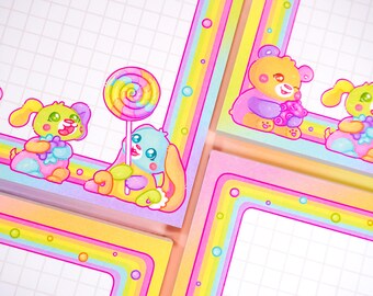 A6 Candy Cuties Memo Pad ~ Rainbow Animal Stationery ~ 90s Style Kawaii Gummy Bear Lollipop Bunny Sweets Puppy Note Paper ~ Cute Memo Sheets