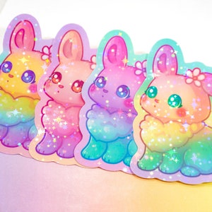 Niedliche Holo-Kaninchen-Aufkleber ~ Kawaii Regenbogen Ombre Briefpapier ~ Wasserfester niedlicher Häschen-Aufkleber ~ Glitzernde rosa Wasserflaschen-Aufkleber ~