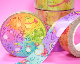 Rainbow Fairy Animal Washi Tape ~ 90s Style Rainbow Colour Washi ~ Cute Fairy Stationery ~ Sweet Cat Kawaii Tape ~ Bujo Penpal Supplies Tape