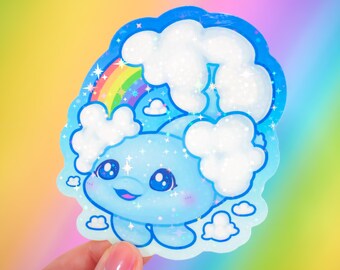 Kawaii Rainbow Axolotl Sticker ~ Cute Cloud Animal Decal Gift ~ Colourful Water Marine Animal Sticker for Journals, Laptops, Water Bottles