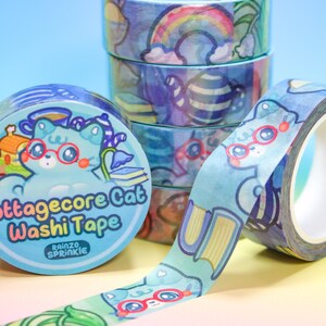 コテージコア猫和紙テープ ~ クールな冬のカラー和紙 ~ かわいい内向的な猫の文房具 ~ 恥ずかしがり屋の読書好きの子猫かわいいテープ ~ 長いデザインの繰り返し