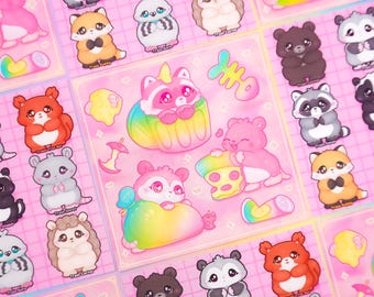 Kawaii Trash Critters Art Print – 5x5 Cute Opossum, Raccoon & Rat Wall Art in Bright Rainbow Colours, Adorable Hand Drawn Animal Room Decor