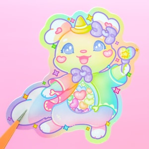Adesivo pastello carino ~ Cancelleria kawaii con topo animale ~ Illustrazione arcobaleno opaco ~ Decorazione della stanza Arte kawaii ~ Decalcomanie di strega pastello ragazza magica