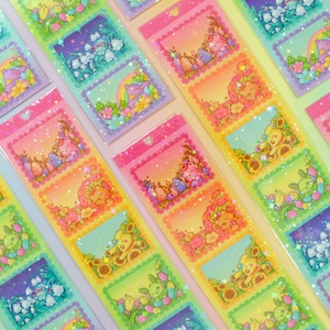 Feuille d'autocollants de timbre de champ de fleur ~ papeterie arc-en-ciel lumineux Holo ~ décoration de correspondant kawaii ~ autocollant animal mignon chien chat lapin canard ours lapin