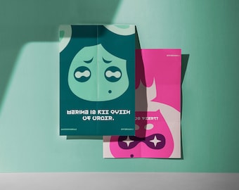 May include: Two folded posters with a cartoon character on each. The first poster is teal green with a green cartoon character with large eyes and the text "Marina is the Queen of Order." The second poster is pink with a pink cartoon character with large eyes and the text "The Pearl!"