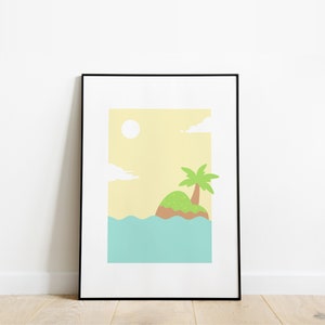 Peut inclure: Une illustration encadrée d'une île tropicale avec un palmier, une petite île et de l'eau bleue. Le ciel est jaune avec un soleil blanc et des nuages.