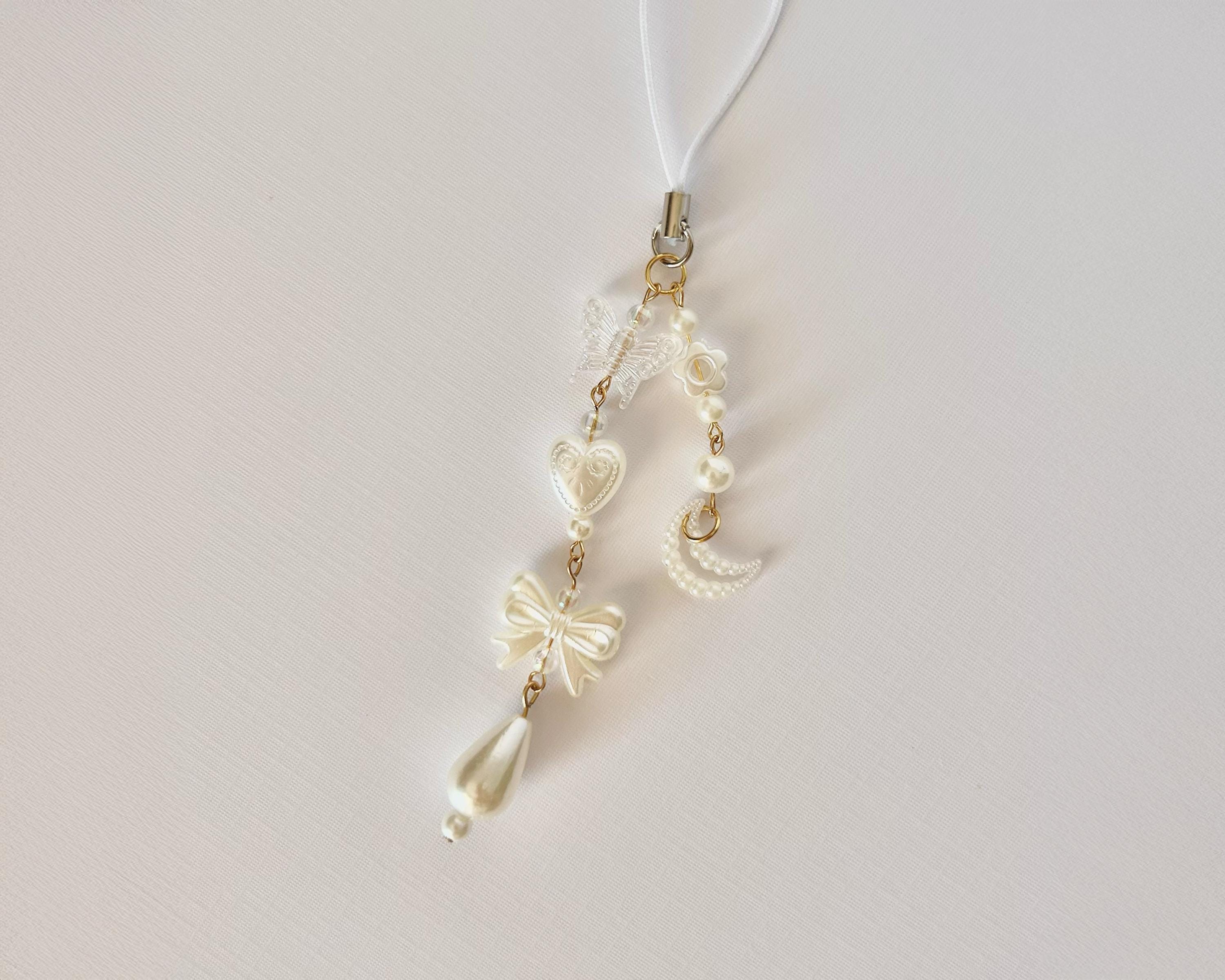 Handmade Phone Charm | White Pearl Coquette Phone Strap | Cute Cottagecore Aesthetic | Keychain | Clean girl | Bag Charm | 18k Gold Plated