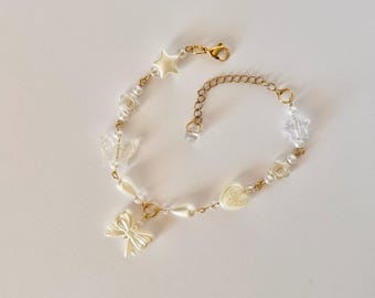 White Pearl Coquette | 18k Gold Plated Handmade Bracelet | Cute Aesthetic | Gift for Her | Soft Girl | Bow Charm Bracelet