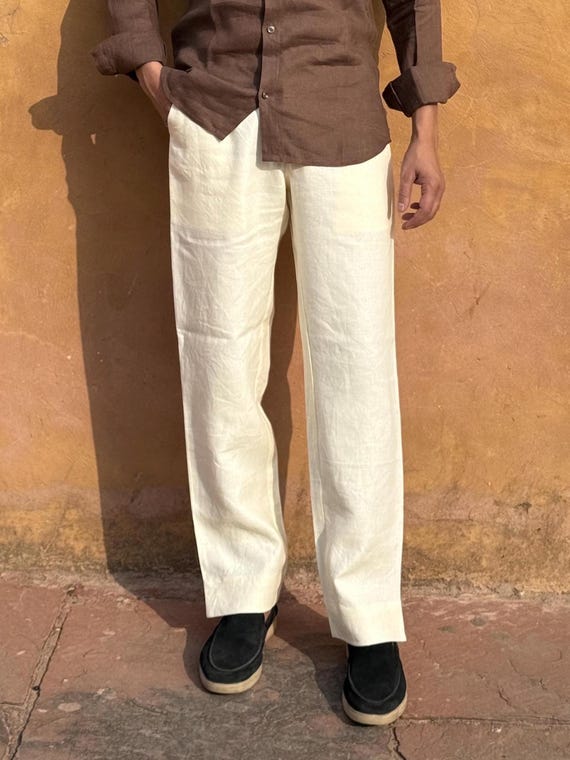 Mens Cream Linen Pants: Oversized Straight-Leg Summer Trousers Mens Cream Linen Pants: Oversized Straight-Leg Summer Trousers