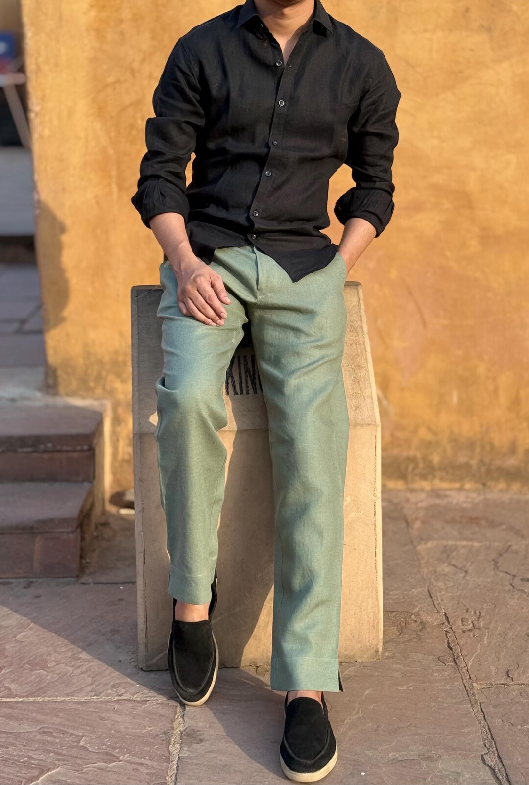 Laneus Men's Viscose and Linen Trousers Green