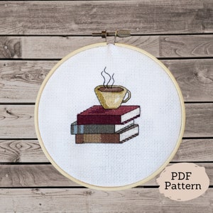 Cross-Stitch Pattern - Books and Coffee Cup or Tea - Downloadable PDF