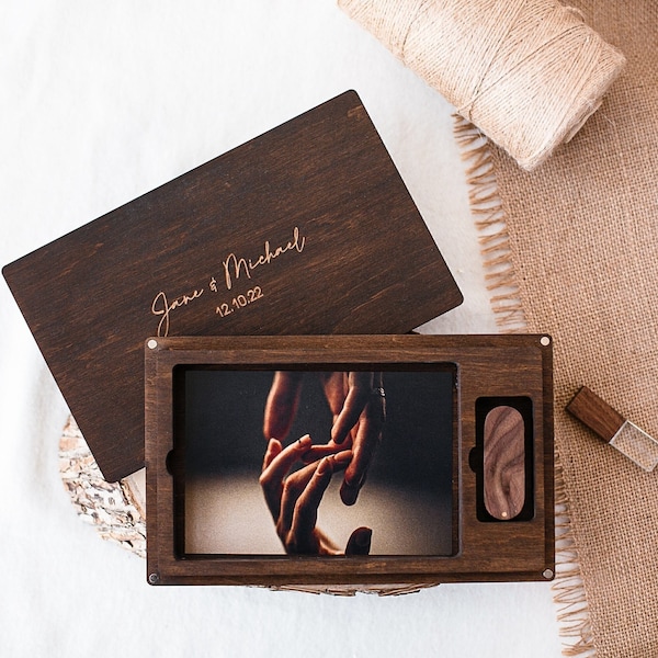 Wood memory photo box for photos 4х6" (10x15cm) and usb flash drives, Wooden usb box, wedding wood keepsake box for photo packaging