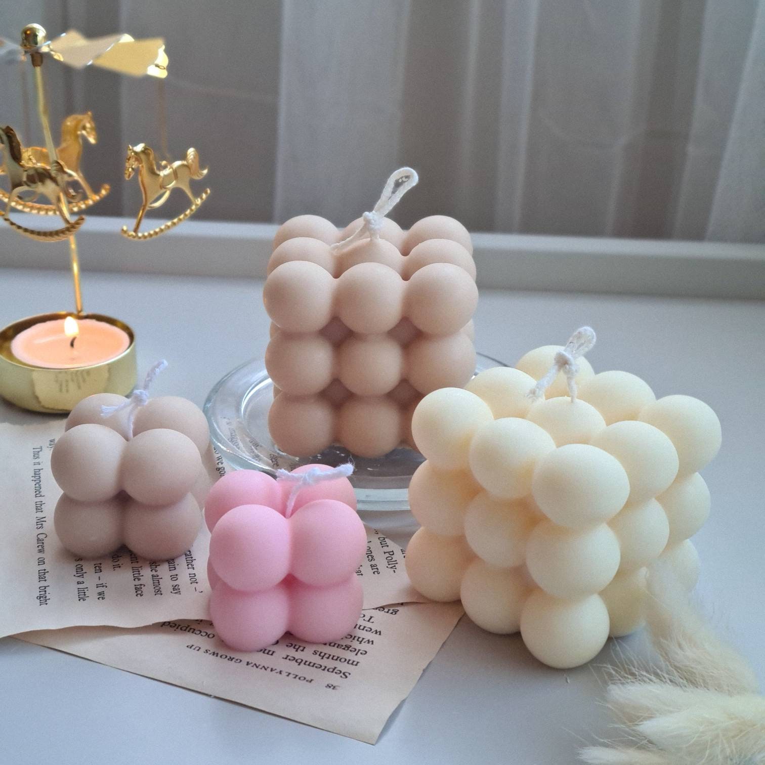  Bubble Cube Candle - Sculptural Handmade Rubix Cube Candle -  Lemon Marshmallow Scented Soy + Coconut Blend Wax with 100% Cotton Wick -  Cloud Molecule Candle - Small Batch - Made
