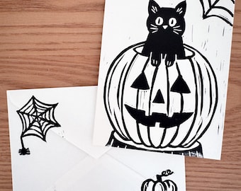 Pumpkin Cat — 4”x6” Linocut Print — Handprinted Halloween Card
