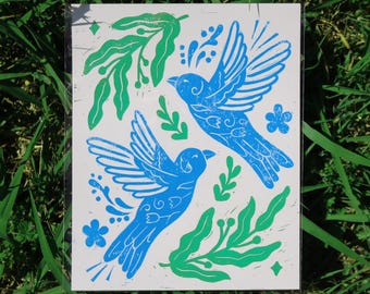 Folkflight - 8&quot;x10&quot; Linocut Print – Whimsical Nature Art – Birds & Foliage Design