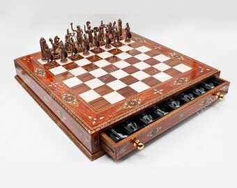 Modern chess game with olive wood storage drawers 8101-1
