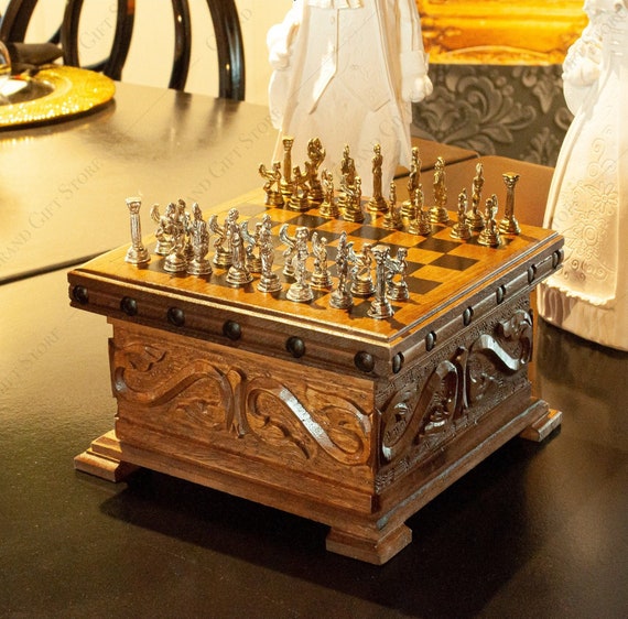 Handmade Unique Chess Set Wooden and Brass Chess Board 