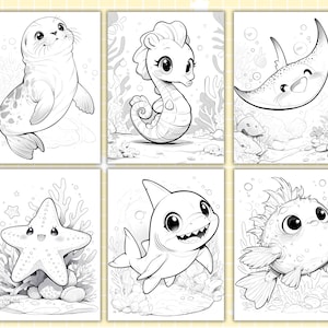 May include: Six black and white coloring pages showcasing cute marine animals: a seal, seahorse, stingray, starfish, shark, and pufferfish. Each illustration is set against an underwater scene, ready for coloring with pencils or pens.