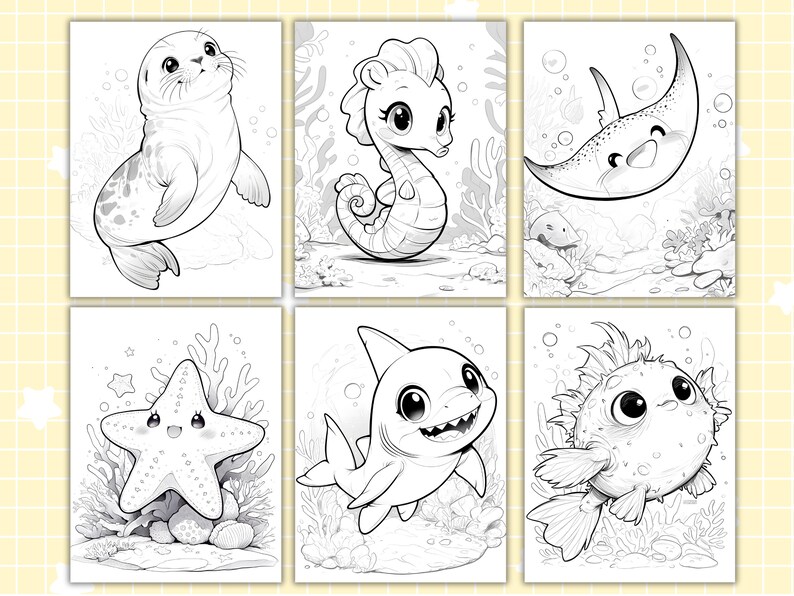 May include: Six black and white coloring pages showcasing cute marine animals: a seal, seahorse, stingray, starfish, shark, and pufferfish. Each illustration is set against an underwater scene, ready for coloring with pencils or pens.
