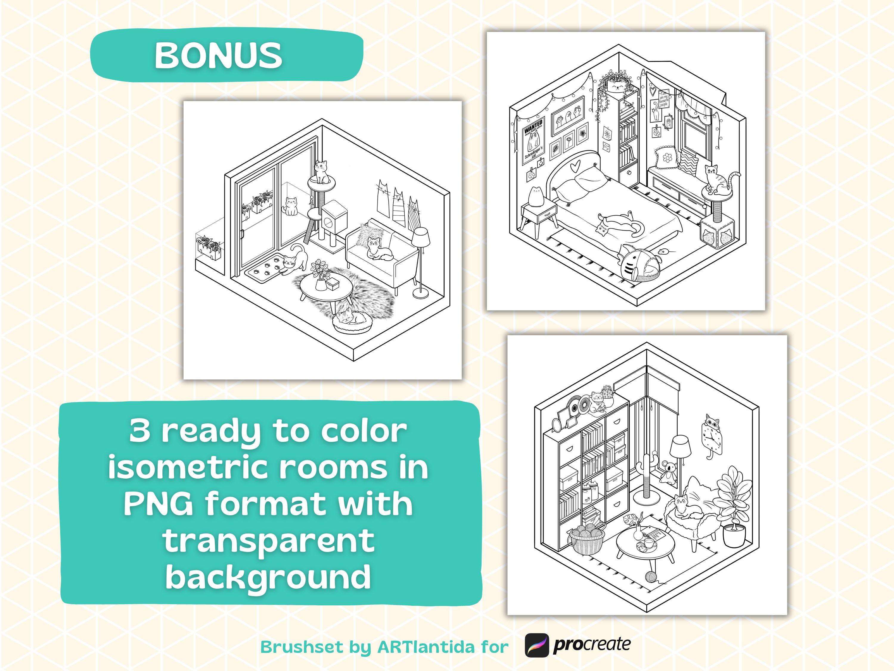 Procreate Isometric Stamps | Cat Room Brush Pack | 95 Hand Drawn ...