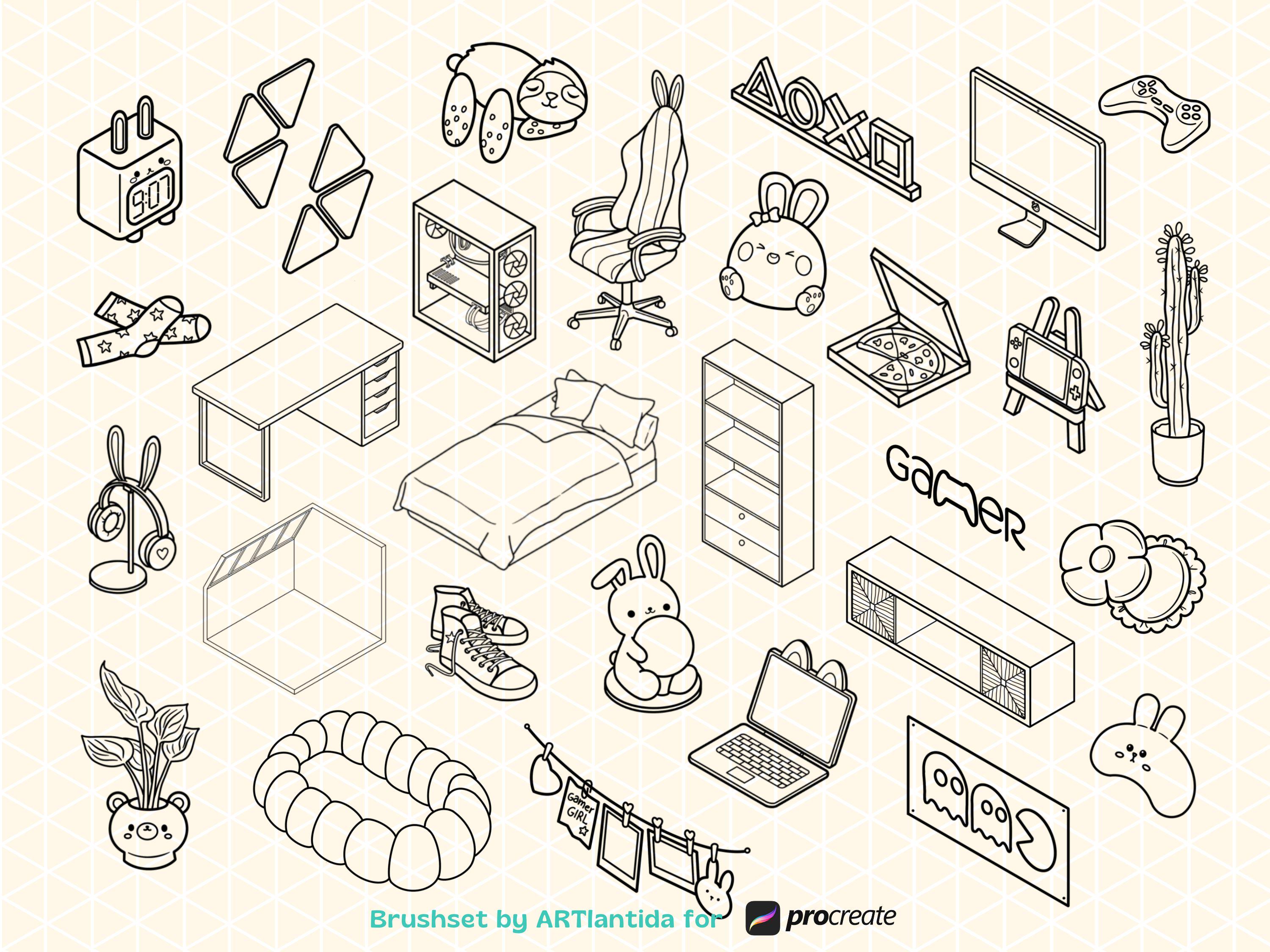 Procreate Isometric Stamps | Gamer Room Brush Pack | 95 Hand Drawn ...