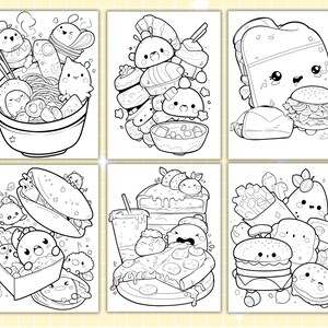 Puede incluir: Una colecci&oacute;n de seis ilustraciones en blanco y negro con adorables personajes de comida, perfectas para colorear. Las im&aacute;genes incluyen ramen, pasteles, un s&aacute;ndwich, pizza y una hamburguesa, todos con caras de dibujos animados.