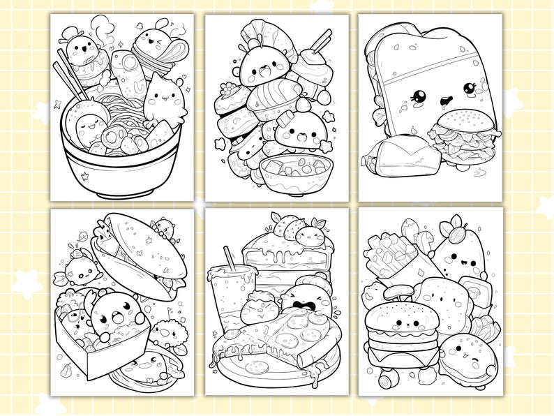 Puede incluir: Una colecci&oacute;n de seis ilustraciones en blanco y negro con adorables personajes de comida, perfectas para colorear. Las im&aacute;genes incluyen ramen, pasteles, un s&aacute;ndwich, pizza y una hamburguesa, todos con caras de dibujos animados.