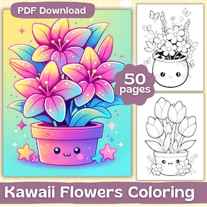 Kleurplaten Kawaii bloemen | Digitale download | Kleurboek voor volwassenen | Schattige bloemenvaaskleuring | Afdrukbaar
