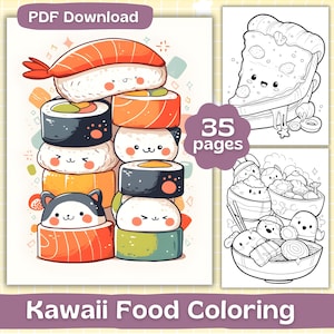 Puede incluir: Una descarga digital de un libro para colorear "Kawaii Food". La portada muestra una pila de sushi ilustrado y otros alimentos. El libro para colorear incluye 35 p&aacute;ginas de adorables ilustraciones tem&aacute;ticas de comida.