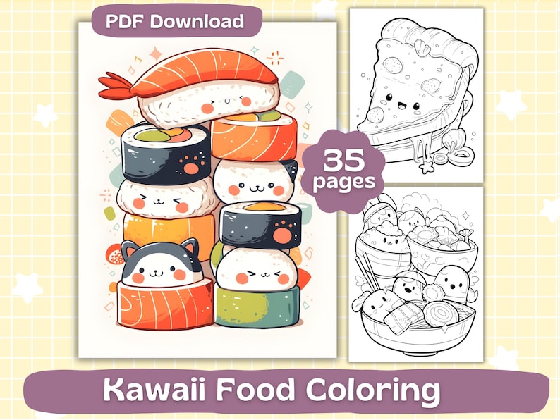 Puede incluir: Una descarga digital de un libro para colorear "Kawaii Food". La portada muestra una pila de sushi ilustrado y otros alimentos. El libro para colorear incluye 35 p&aacute;ginas de adorables ilustraciones tem&aacute;ticas de comida.