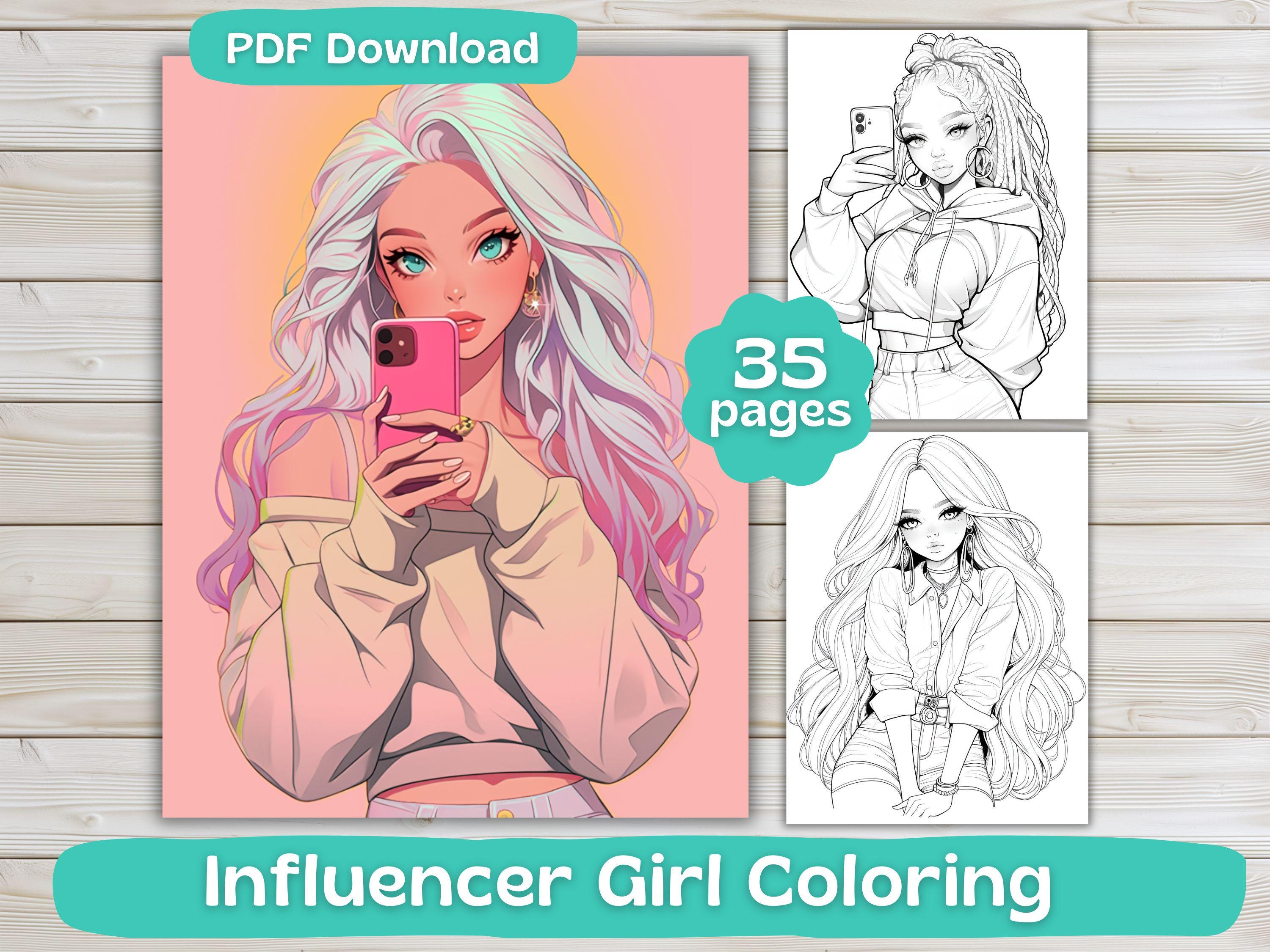 35 Influencer Girls Coloring Pages | Digital Download | Adult Coloring Book | Cute Kawaii girls Coloring | Printable