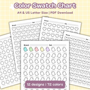 May include: A colour swatch chart featuring multiple designs, such as circles, bears, hearts, ghosts, and butterflies. Available in A4 and US Letter sizes, it includes 12 designs and 72 colours. The text "Color Swatch Chart" is displayed at the top.