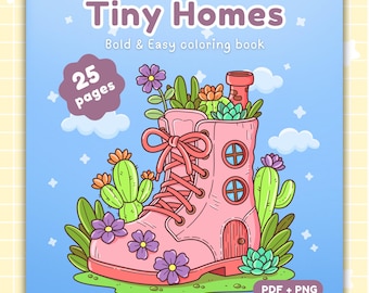 Tiny Homes Coloring Book: 25 Bold and Easy Coloring Pages (Digital Download PDF and PNG)